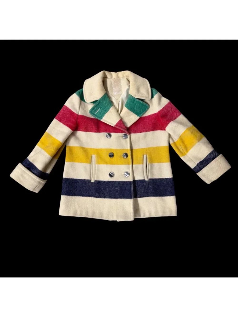 Vintage Hudsons Bay 4 Point Wool Blanket Coat Double Breasted Stripes Canada 70s